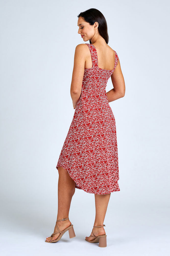 Woman wearing red long dress.