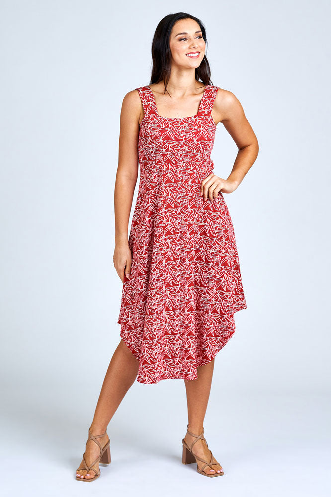 Woman wearing red long dress.
