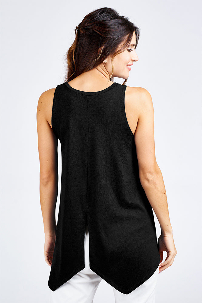 Woman wearing a black tank top.