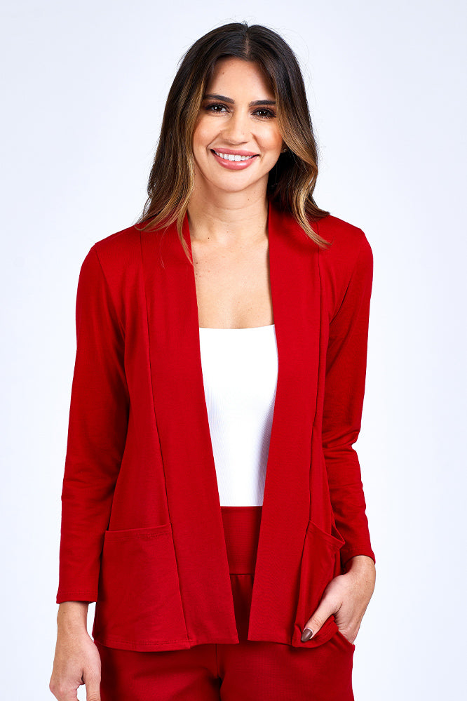 Woman wearing red jacket.