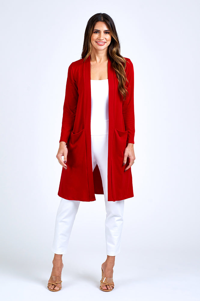 Woman wearing red long jacket.