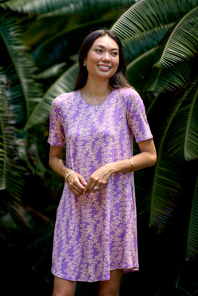 Elbow Sleeve Dress, Petite / S / Aloha Lei Lavender Peach